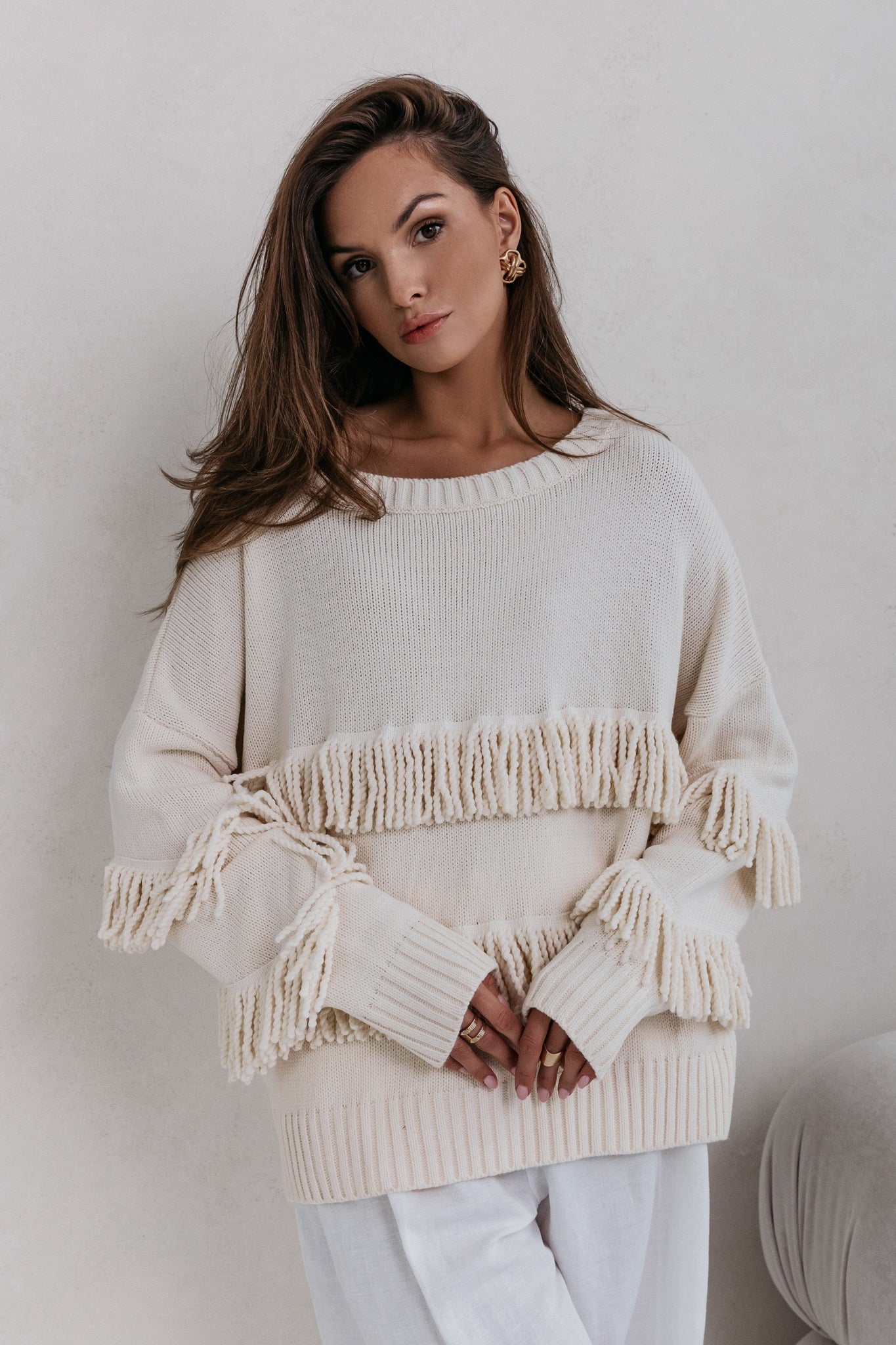 Trend Collection Pullover mit Fransen One Size / Off-White