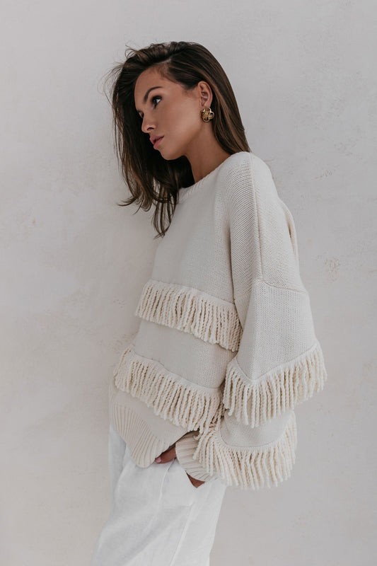 Trend Collection Pullover mit Fransen One Size / Off-White